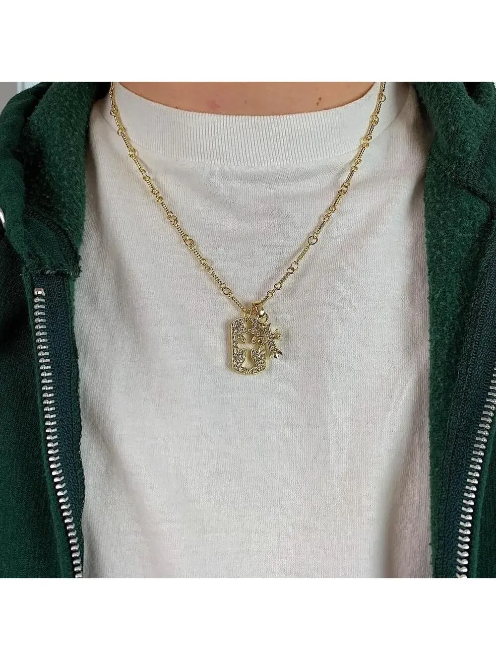 y2k 2000s style grunge gold chrome rhinestone cross dog tag style pendant